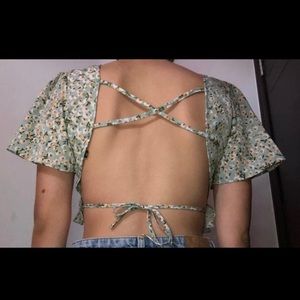 Floral Cross Ruffle Tie Top